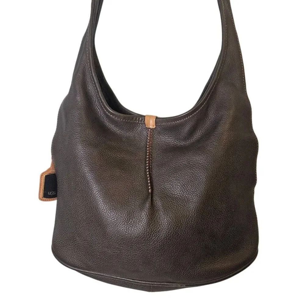 UGG crossbody hobo brown leather bag, wide straps.